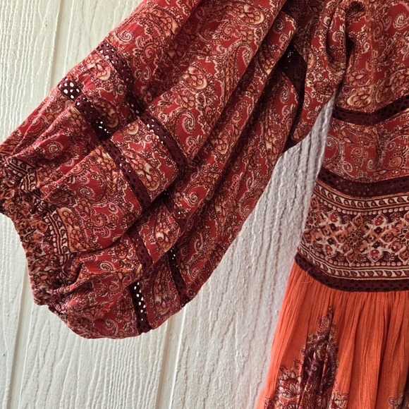 FREE PEOPLE Luna Boho Gypsy India Print V Neck Peasant Dress Orange Red Small - Picture 8 of 13